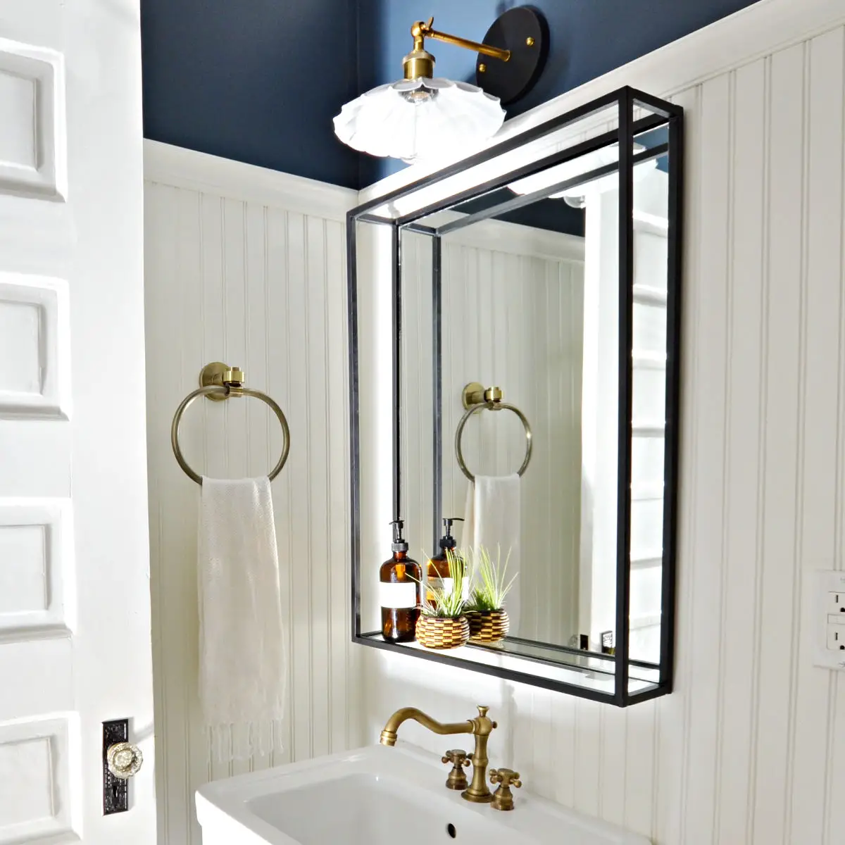 Modern Industrial Black Steel Metal Double Framed Bathroom Mirror With A Shelf Simplicity In The South